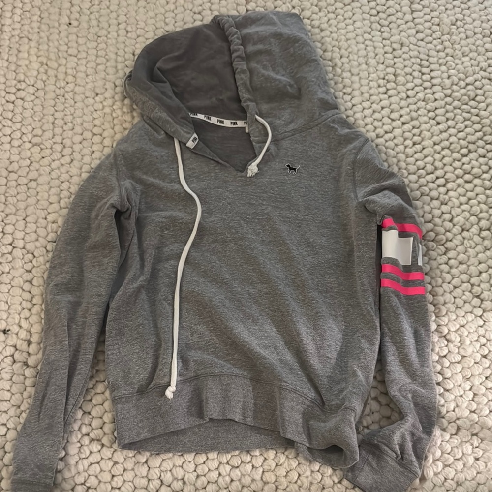 PINK Victoria's Secret Gray Hoodie with Pink Accent Stripes